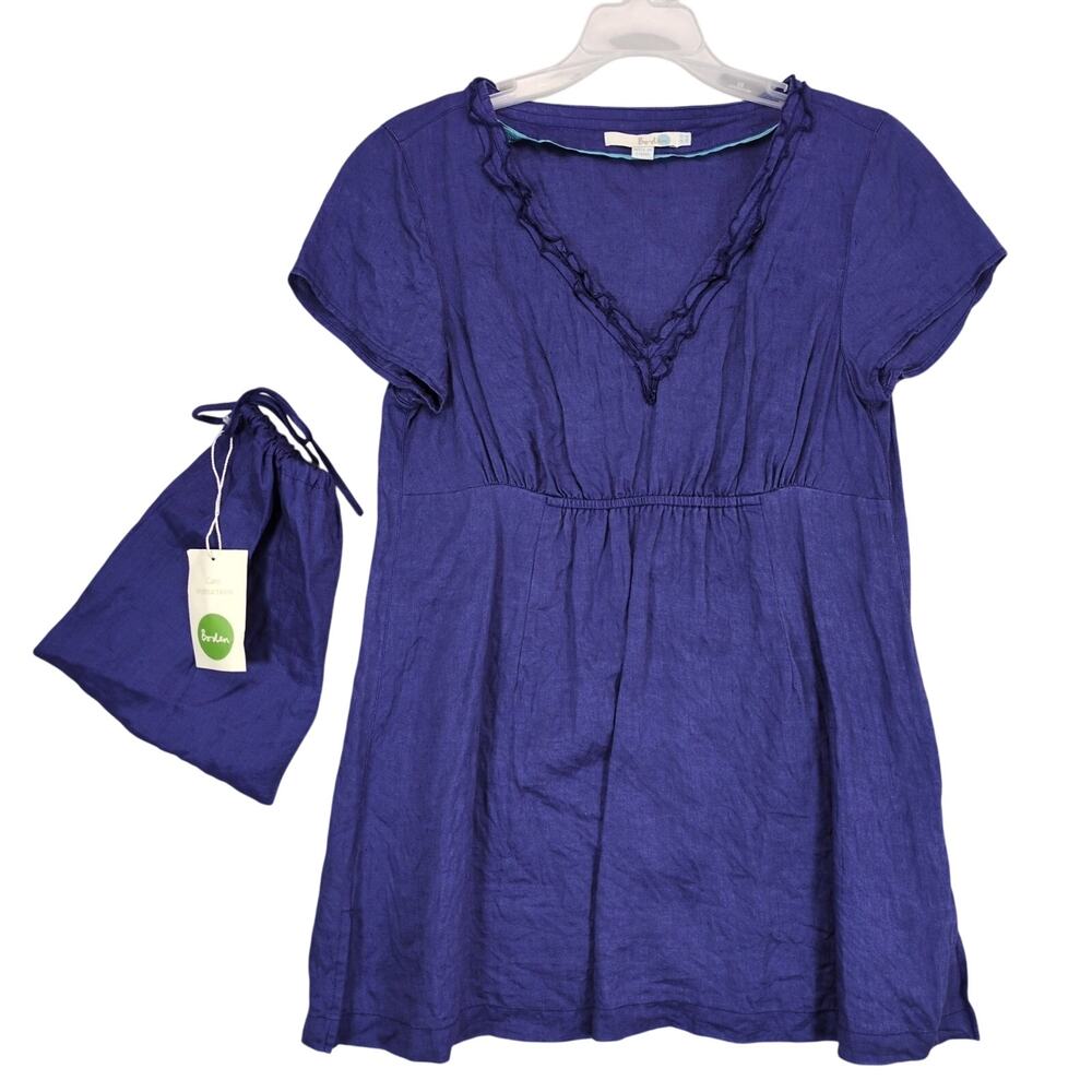 Boden Women's 6 100% Linen Purple Babydoll Tunic Top, Ruffle V-Neck, Crinkled